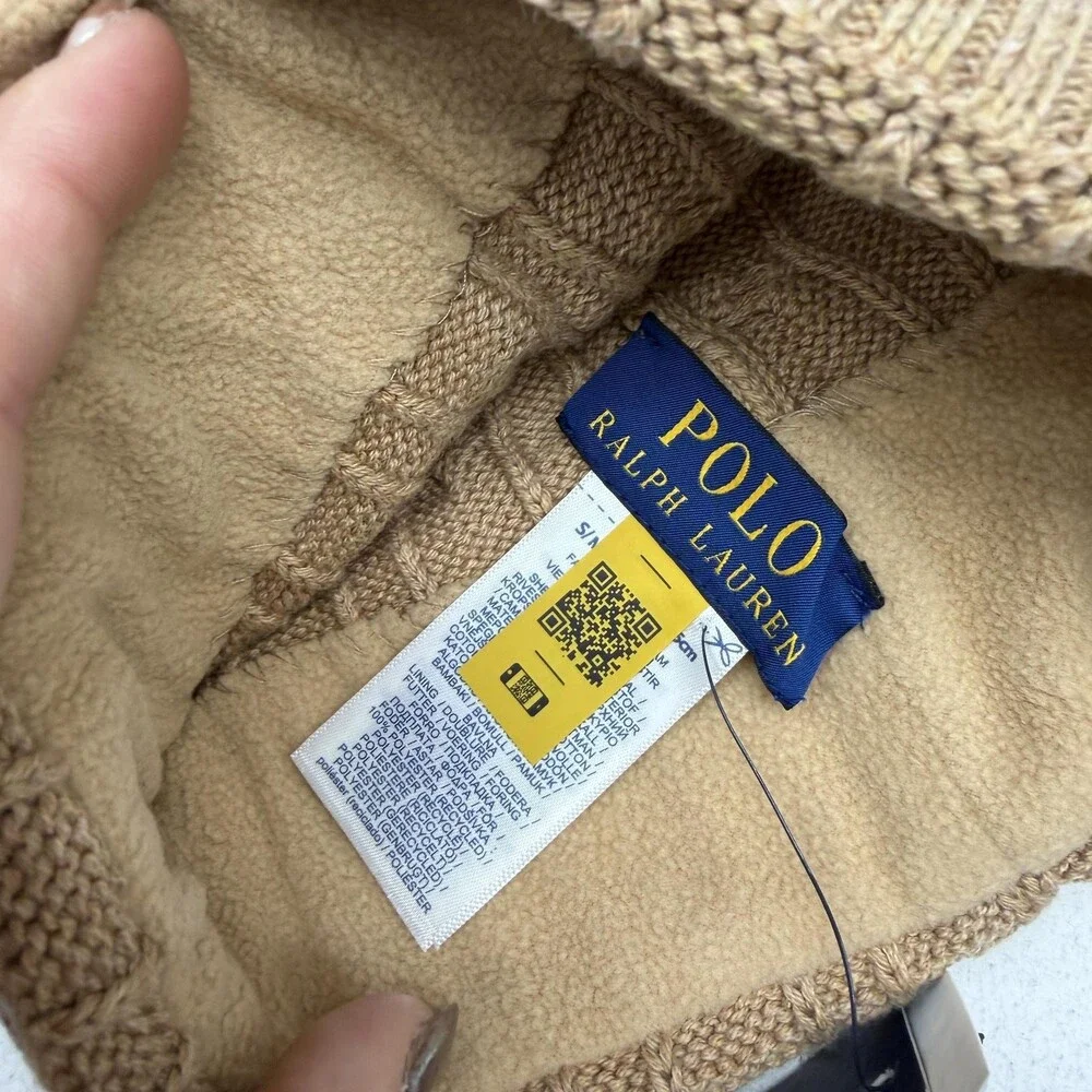 Polo Ralph Lauren Hat Beanie Fitted Mens M Brown Cable Knit Fleece Lined Winter